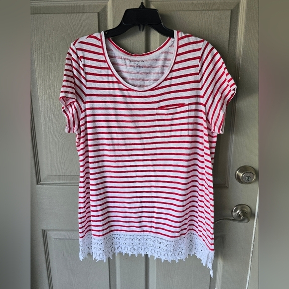 Charter Club Crochet-Hem Tunic Top 1X Women Red White Slit 100% Cotton Light - Picture 2 of 10